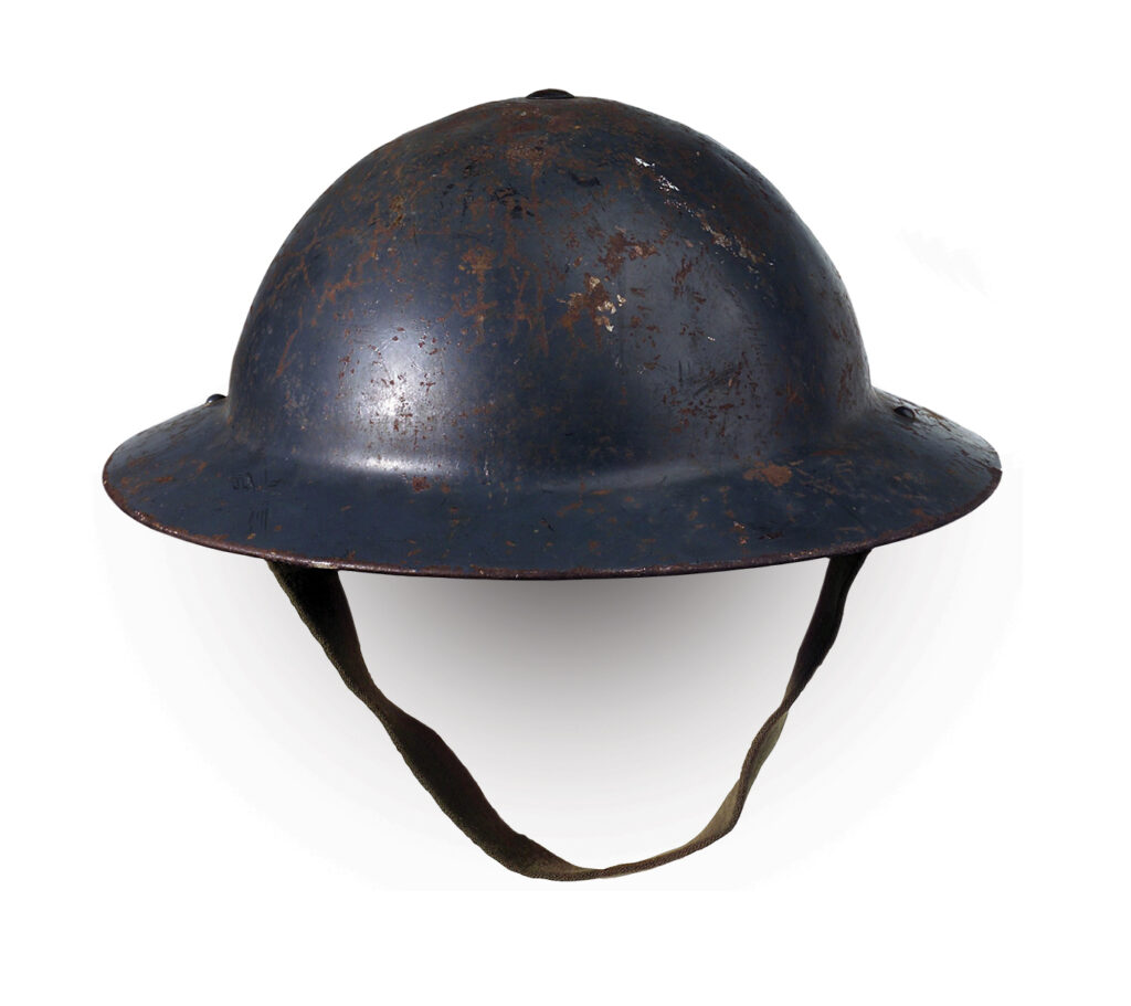 Photo of military, protective arms, helmets, steel helmet Mark II 1936, former property of Sir Winston Churchill.